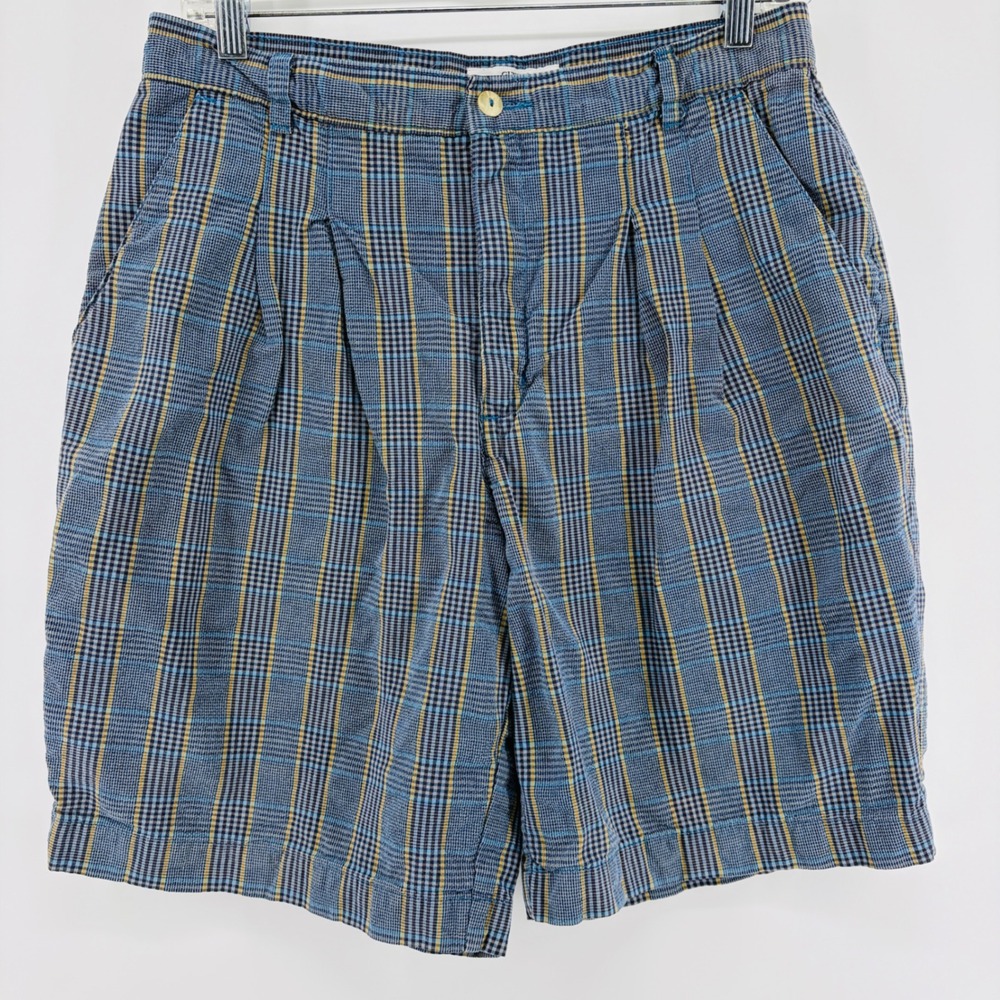 Vintage Guess Shorts Mens 30 Pleated Plaid Pleated Blue Yellow Retro 90s Casual